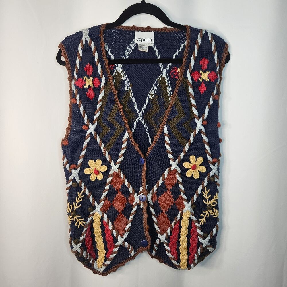 Vintage 1990s Womens Blue Floral Chunky Granny Knit Sweater Vest Small Cottage